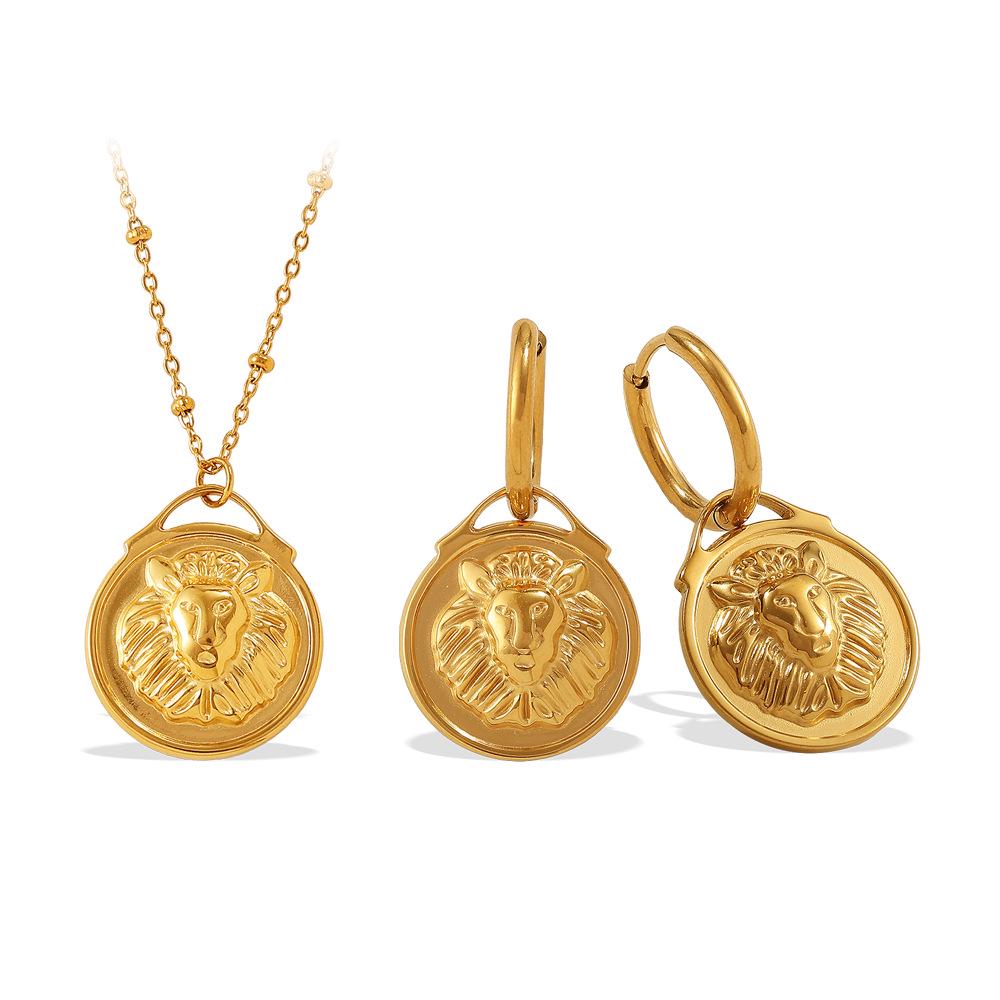 Ретро Ожерелье с Головой Льва и Набор Серег с 3D Текстурированными Монетами из Нержавеющей Стали