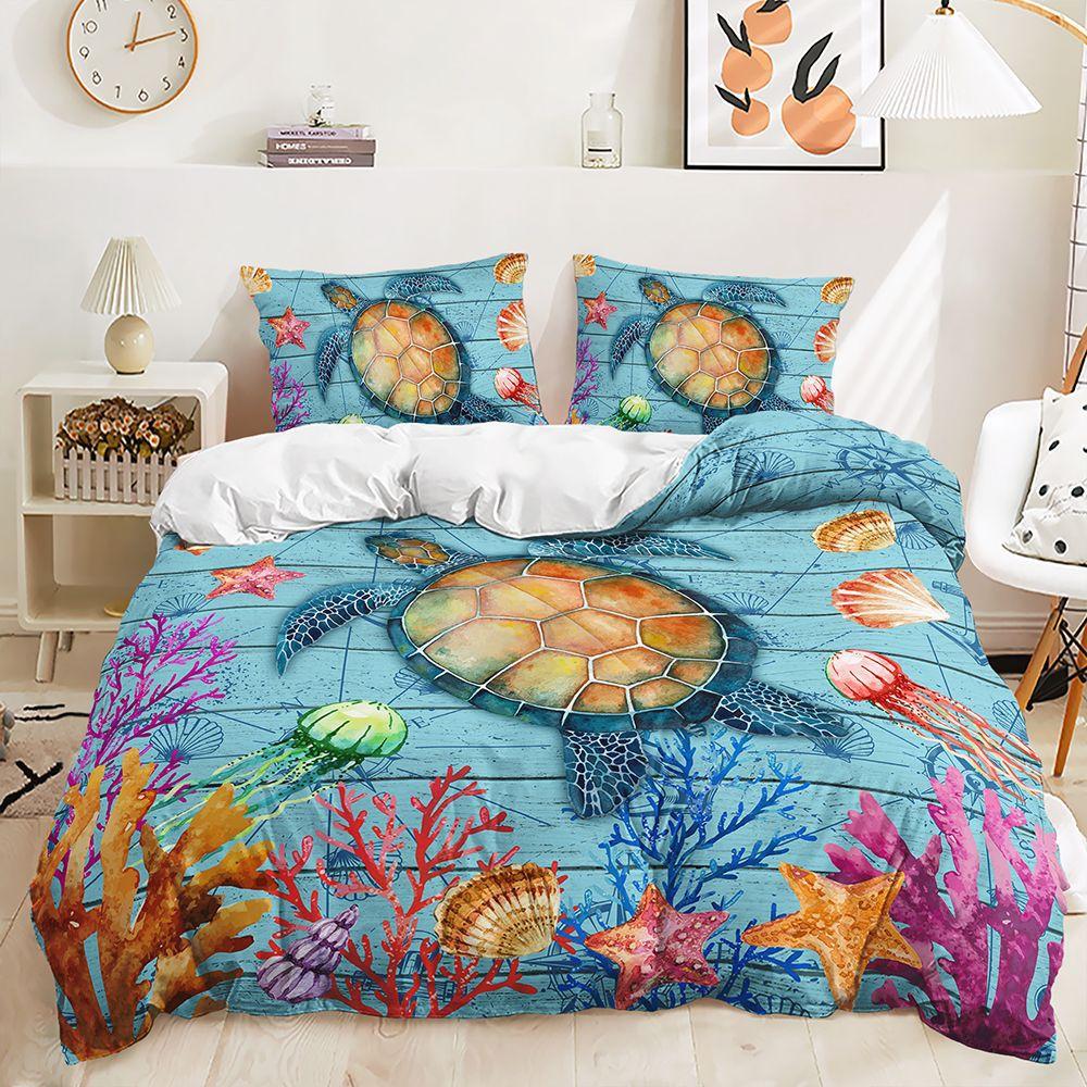 Three-Piece 3D Quilt Cover, Sea Turtle Marine Life Kit, Bedding