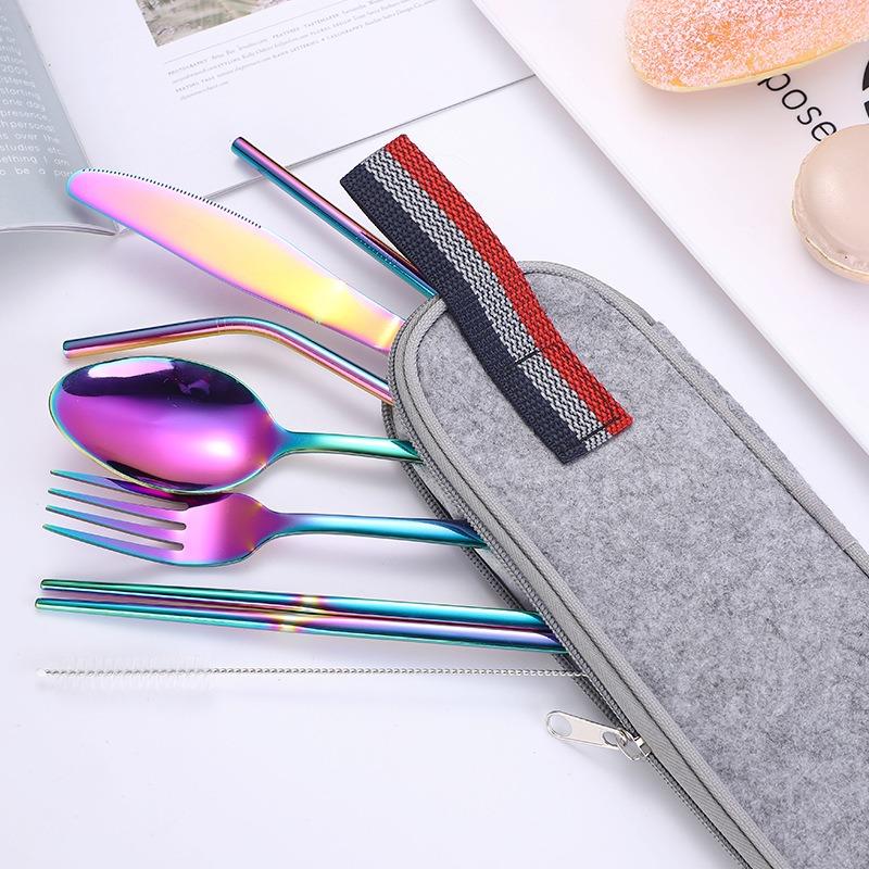 8Pcs Stainless Steel Straw Set Outdoor Western-style Knife, Fork, Spoon and Chopsticks Portable Cutlery Bag