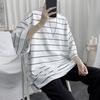 Летний мужской топ в полоску с рукавами три четверти с круглым вырезом Свободный пуловер в японском стиле с разрезом подол средней длины Мягкая повседневная футболка для подростков
