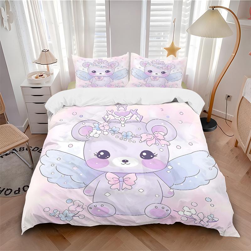 3pcs Angel Bear with Crown Pattern Bedding Three-Piece Set (1 Cover + 2 Pillowcases, No Fillings), This Printed Bedding Set Is Soft and Comf