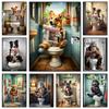 Cat Dog Highland Cow Bigfoot Sitting On Toilet Reading Newspaper Poster Animal Print Canvas Painting Funny Bathroom Wall Decor