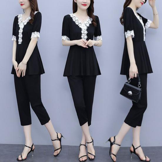Женский летний повседневный комплект из двух предметов с V-образным вырезом, короткими рукавами, кружевной отделкой, брюками-семь четвертей, женский рабочий наряд