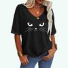 Women Fashion Cat Print Loose T-shirt Summer V Collar Top Ladies Casual Short Sleeve Tee Shirt