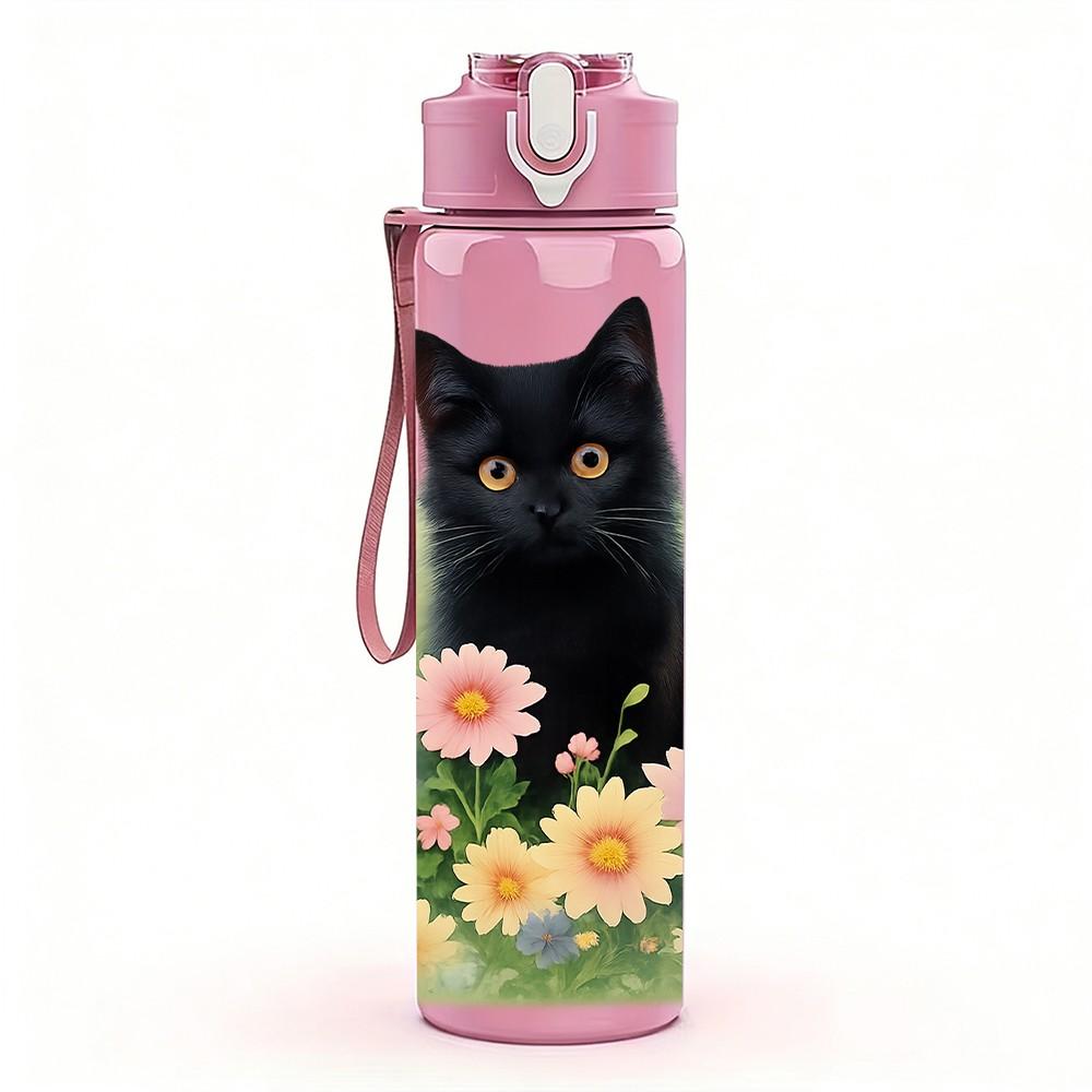 1PC Black Cat Daisy Flower Print 750ml Color Plastic Sports Water Bottle Leakproof Flip Straw Lid Suitable for Sports Office Home Use
