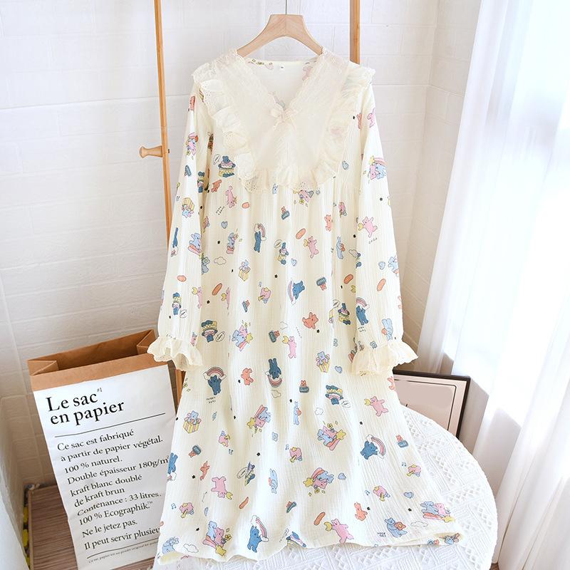 Lace V Neck Pullover Nightgown Women's Cotton All Season Long Sleeved Outerwear Home Skirt