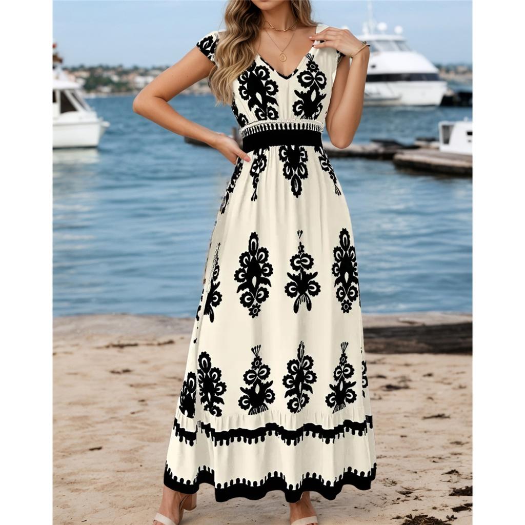 New Summer Holiday Style Printed V-neck Waist Short-sleeved Dress Holiday Long Dress