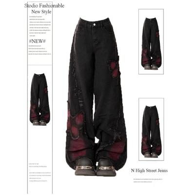 Женские черные готические мешковатые джинсы Harajuku Y2k Эстетические джинсовые брюки с бабочкой Корейские джинсовые брюки Винтажная дрянная одежда 2000-х годов