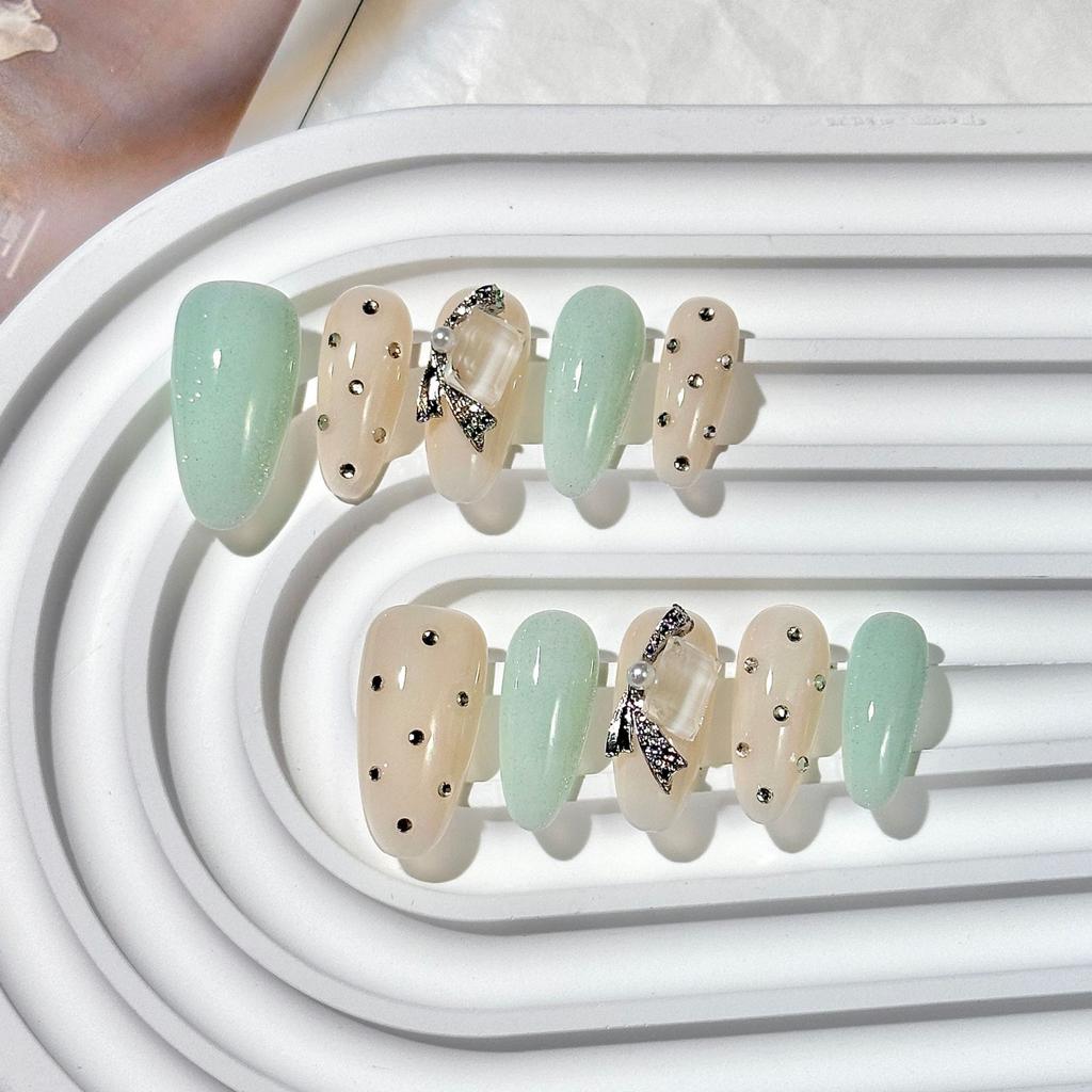 Women Mid‑Length Press‑On Nails Pure‑Handmade Mint‑Mambo‑Green Polka‑Dot Premium False Nail Tips