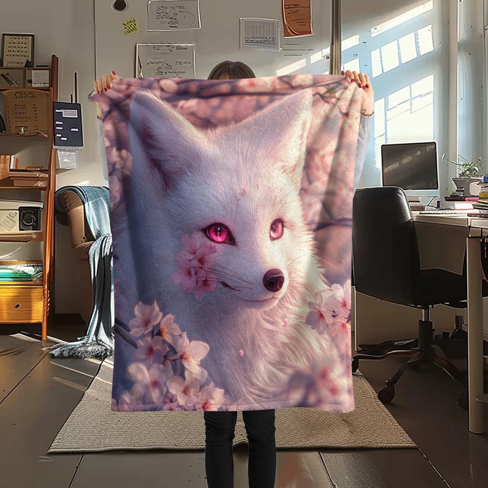 White Fox pattern Flannel Blanket, High quality Comfortable for All Seasons, Home Decor, Warmth and Comfort, Perfect for Gifts.