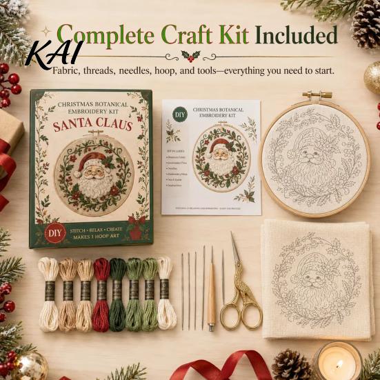 Home Decor Handmade Embroidery Christmas Kit for Beginners, Pre-Printed Pattern Full Set Tree Hanging Ornaments of Tools, DIY Needlework Festive Wall