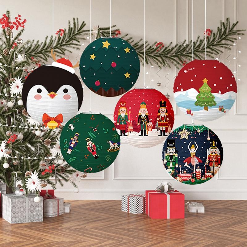 Christmas Hanging Paper Lanterns Cute Cartoon Santa Claus Xmas Tree Paper Lantern Lamps For Christmas Party Decor Photo Props