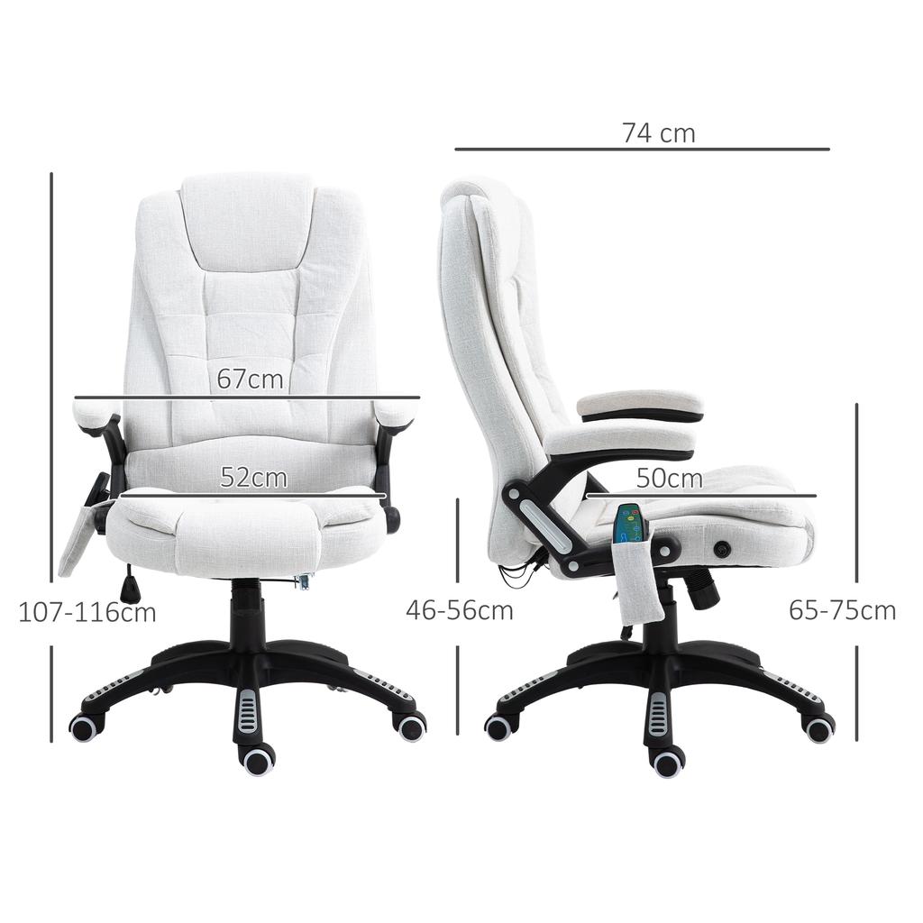Massage Recliner Chair Heated Office Chair with Six Massage Points Linen-Feel Fabric 360 degrees Swivel Wheels Cream White