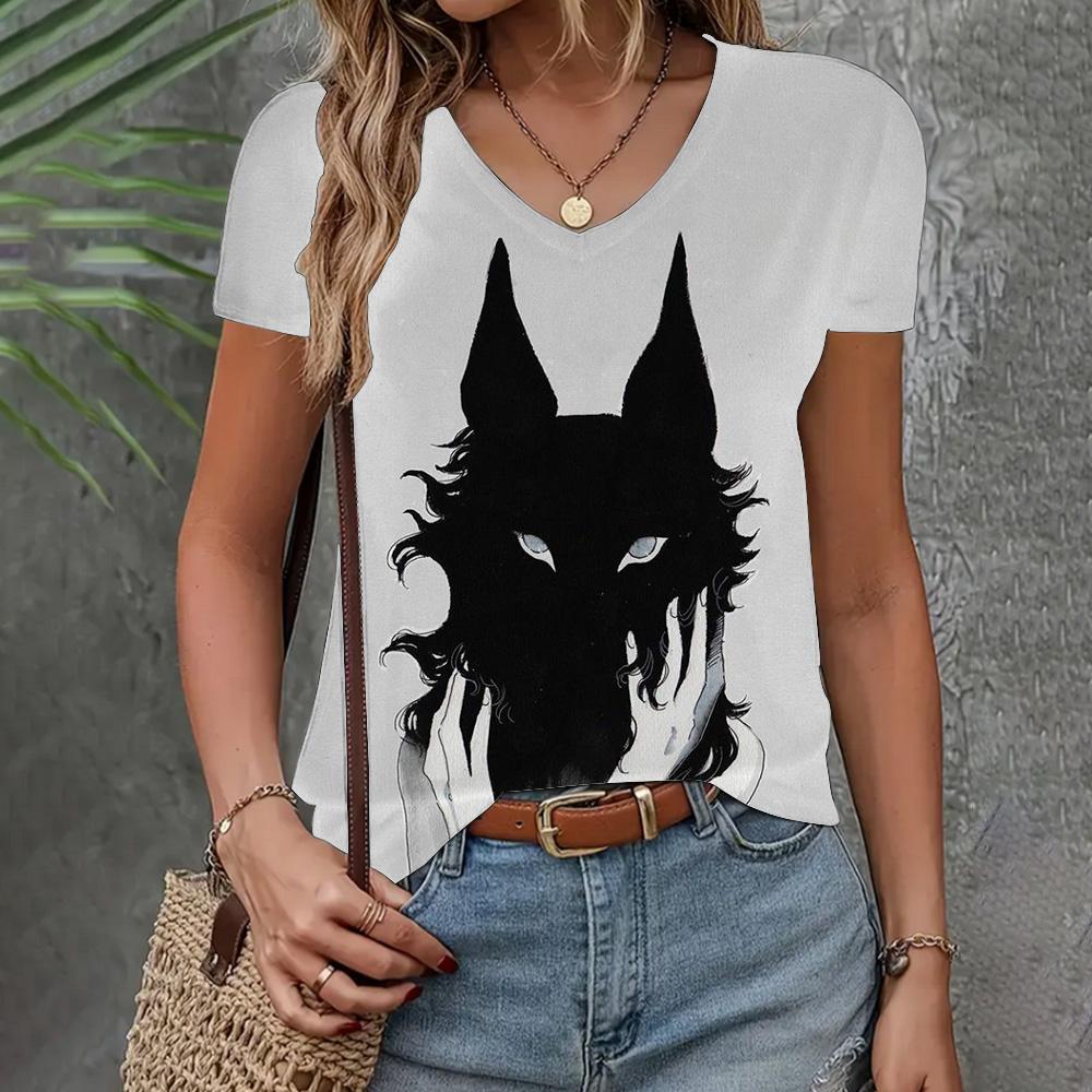 Летняя женская футболка с V-образным вырезом, модный тренд, одежда с коротким рукавом, топ с рисунком кошки, свободная женская футболка с коротким рукавом