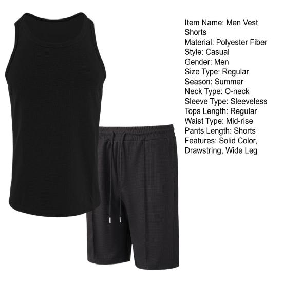 2 шт./компл. Мужская спортивная одежда из вафельной ткани, однотонный жилет без рукавов с круглым вырезом и эластичной талией, широкие шорты, повседневная одежда