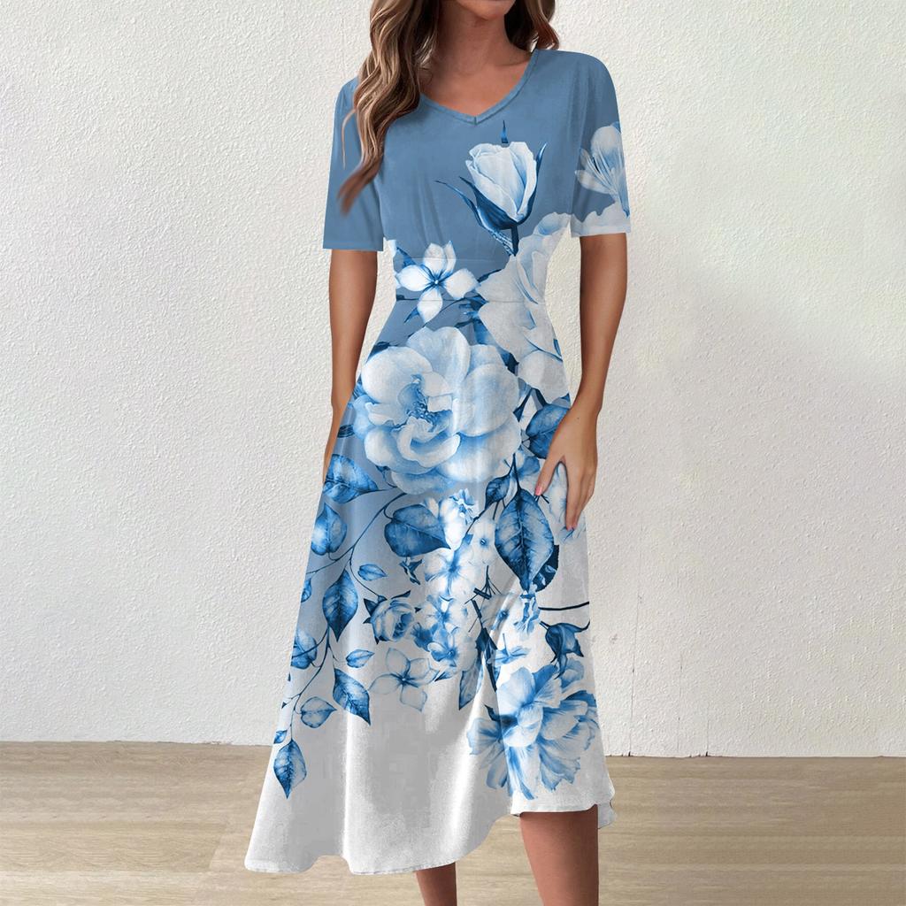 Женское повседневное модное платье с цветным V-образным вырезом и коротким рукавом на талии, длинное свободное платье