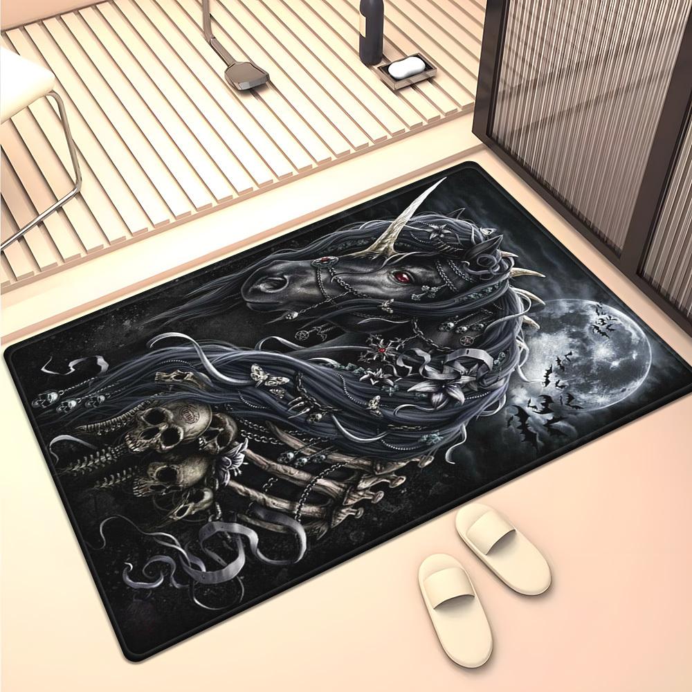 Dark unicorn skull rug gothic fantasy art carpet mystical horse moon night sky horror room decor black magic theme
