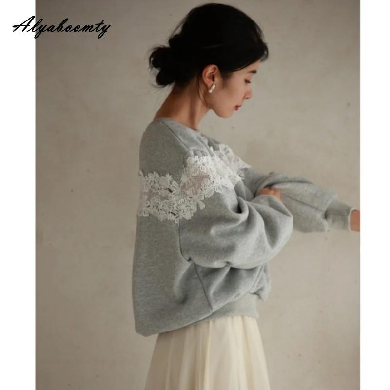 Autumn Winter Women Casual Loose Hoodies O Neck Black Gray Lace Patchwork Streetwear Pullover Elegant Ladies' Basic Long-Sleeved Top
