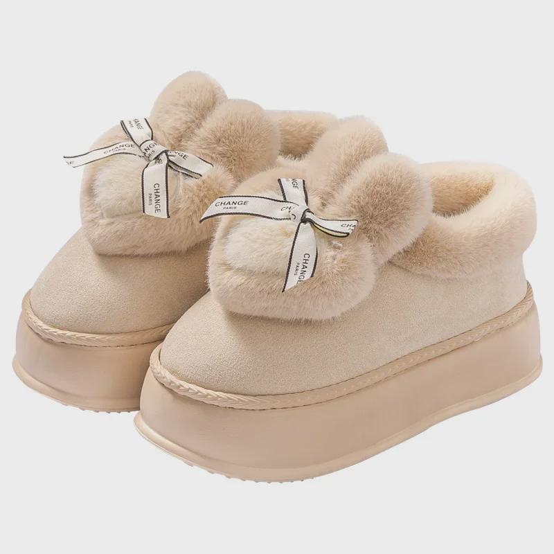 Женские зимние ботинки Bowknot на толстой подошве 2024 года: Увеличивающая рост, теплая, с бархатной подкладкой, меховая обувь для улицы на осень и зиму.