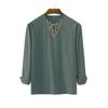 New Men's Loose Solid Color Drawstring Long Sleeve Shirt Cotton Hemp Collar Men's Shirt