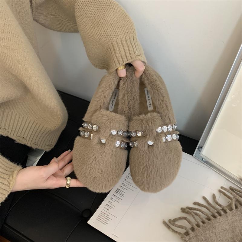 Модные роскошные меховые мокасины с крупными бусинами и кристаллами, женские зимние элегантные теплые туфли на плоской подошве для женщин, удобные плюшевые туфли без застежек на каждый день