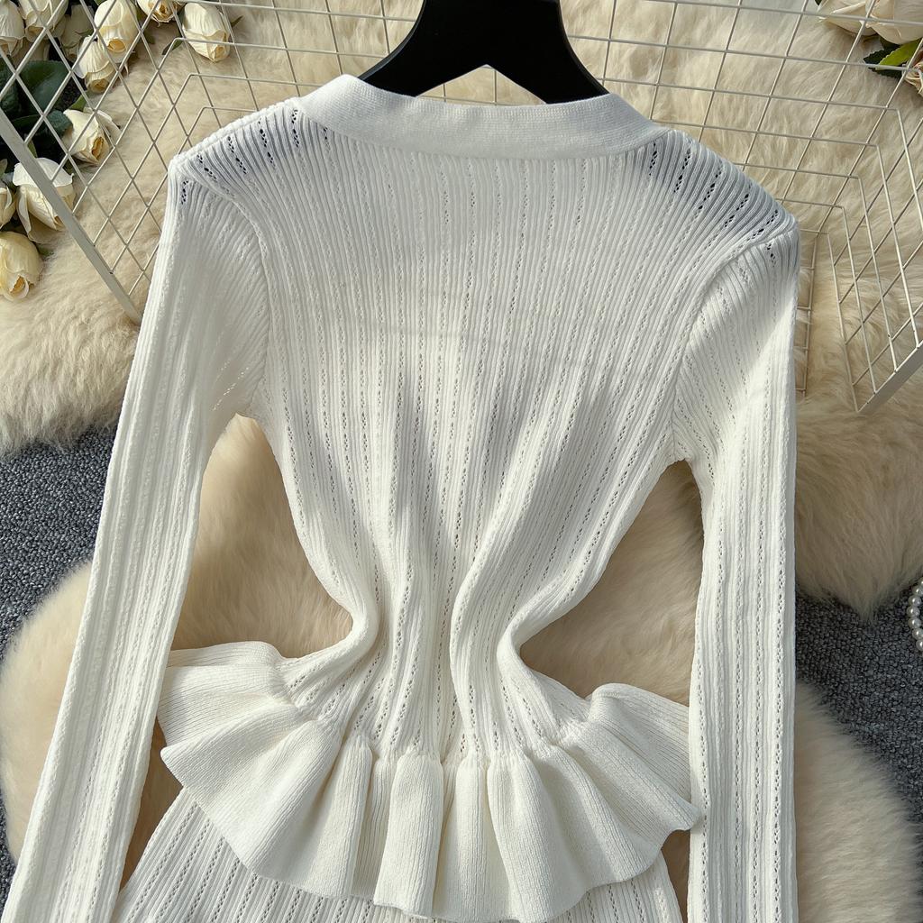 Элегантные вязанные винтажные шикарные платья с V-образным вырезом и длинными рукавами, облегающие платья для офисных леди во французском стиле, одежда для улицы, осень-зима