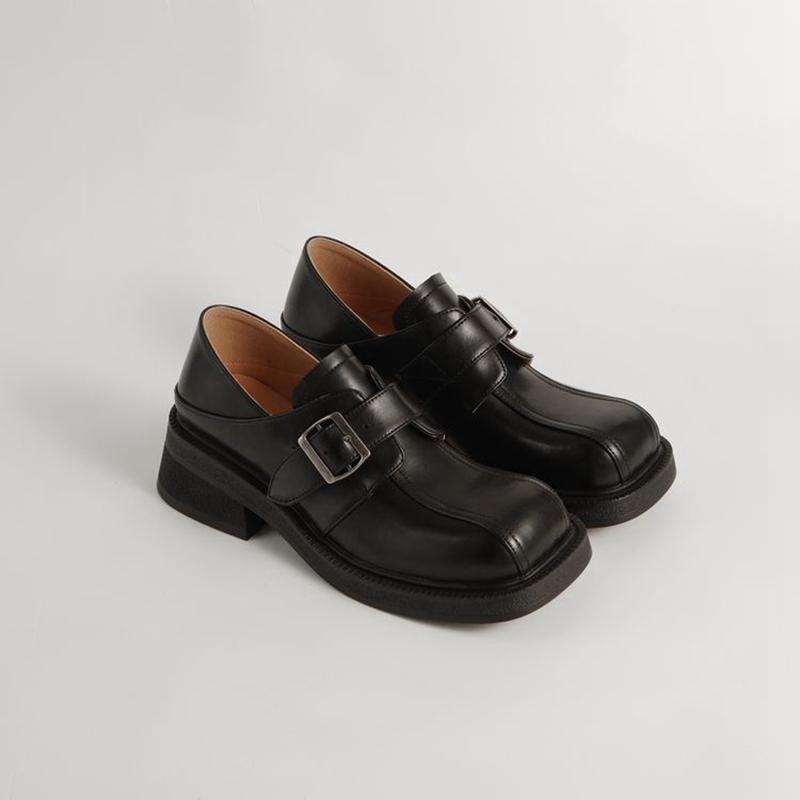 Fashion Women's New Leather Cowhide Round Toe Mid Heel Metal Belt Buckle College Style Single Shoe Thick Sole Retro Casual Shoes