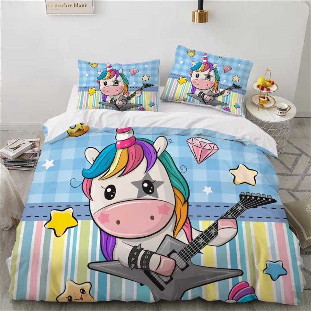 Children Bedding Sets Gifts Unicorn and Colorful Horse Printing Duvet Cover Sets for Kids Girls Boys 2/3 Pcs Single Pink Quilts