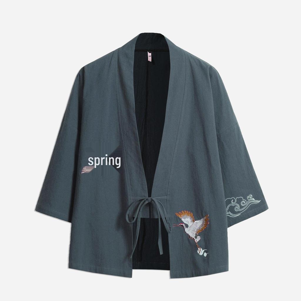 Хлопково-льняной кардиган-кимоно с вышивкой «Журавль»: Перьевое одеяние в китайском и японском стиле ханьфу, защищающее от солнца