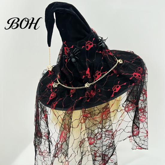 Festival Atmosphere Props Punk Skeleton Hand Witch Hat with Spider And Veil, Black Large Halloween Theme Party Supplies Wizard Costume Accessory