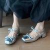 Sweet Bowknot Silver Mary Jane Shoes Women Patent Leather Thick Heels Pumps Woman 2025 Spring Ankle Buckle High Heels Shoes
