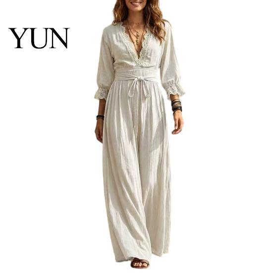 Loose Lace Dress Women V-Neck for Fall, 3/4 Sleeves Maxi with Autumn Outfits Belt, Solid Color Casual Long Vacation Daily Wear Sleeve