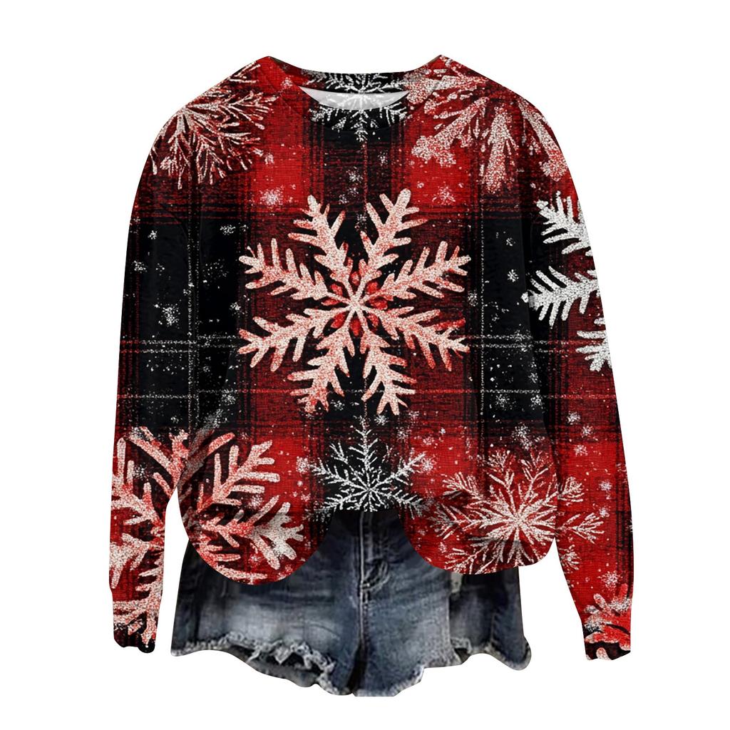 Женская мода круглый вырез пуловер длинный рукав футболка рождественский принт топ