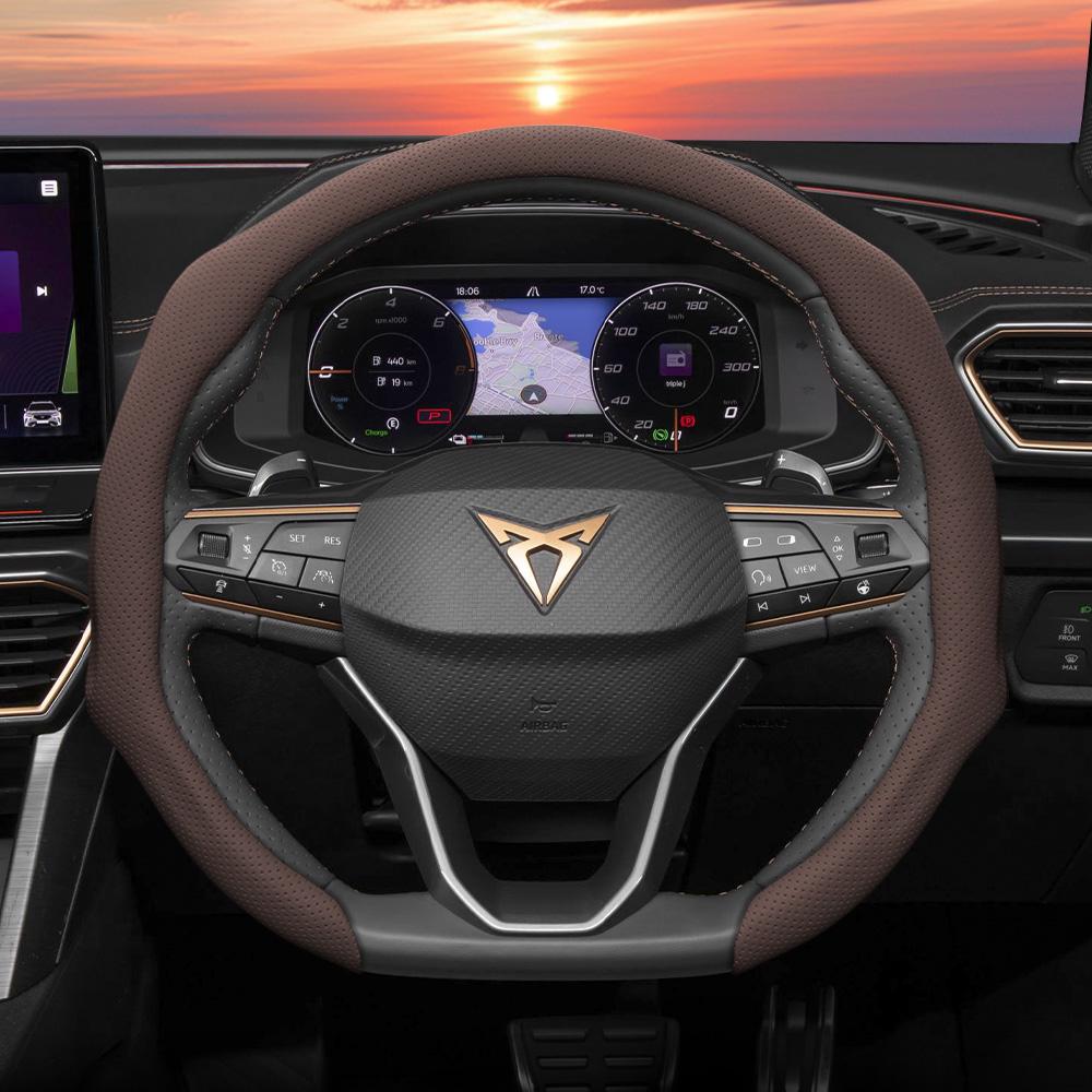 zkfan8 Suitable for Cupra Perforated Leather Steering Wheel Cover, Non-Slip, Sweat-Absorbent, Breathable, Integrated Snap-On