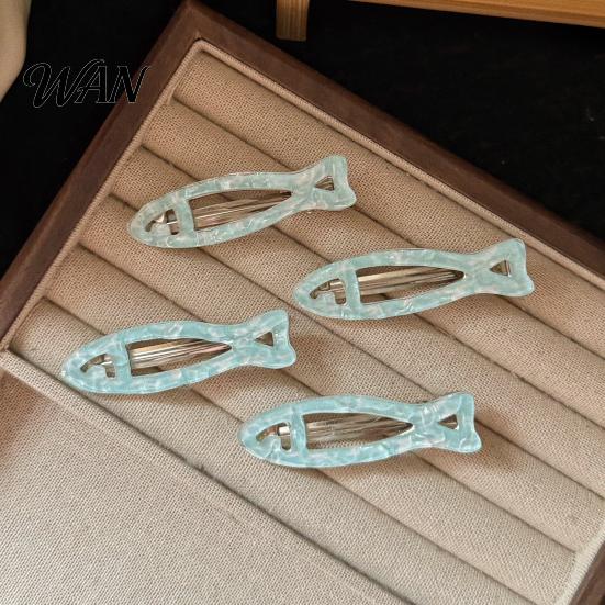 Fresh Fish Hollow Shape Clip 2Pcs Girl Hairpins, Acrylic Hair Clips with Built-in Elastic Clip, Broken Pins, Transparent Icy Blue Accessories
