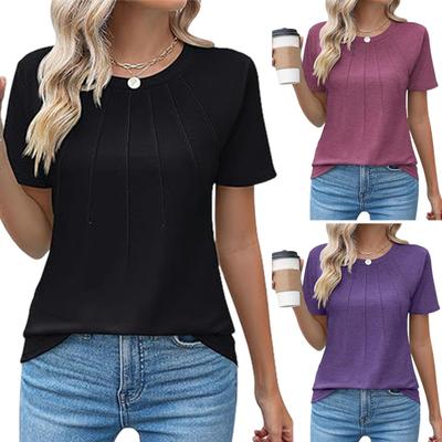 Летний женский топ с круглым вырезом и короткими рукавами, однотонная плиссированная свободная футболка, повседневная