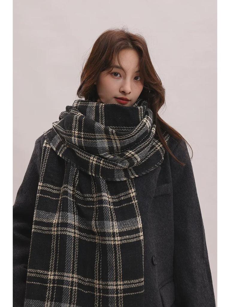 Женский толстый клетчатый шарф 2024 года: Корейский стиль, британская элегантность, теплая шаль для осени и зимы