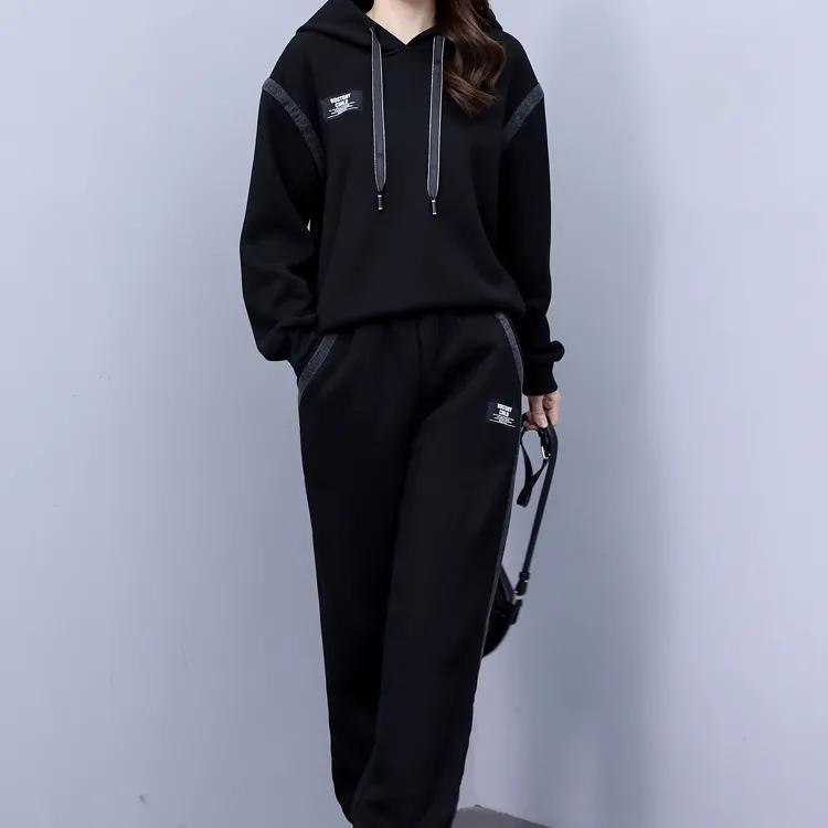 Plus Size Women's Winter Plus Velvet Thick Hooded Denim Stitching Fashion All-match Casual Suit