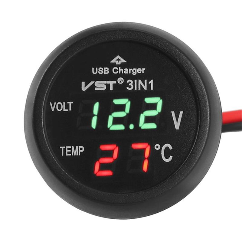 3 in 1 DC 12V/24V LED Digital Meter Display USB Car Charger Voltmeter Thermometer Car Battery Monitor LED Digital Dual Display