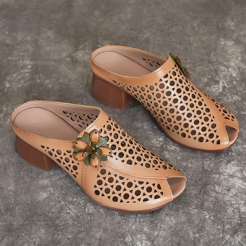 Летняя женская обувь в этническом стиле, толстый каблук, мягкая подошва, сандалии из коровьей кожи
