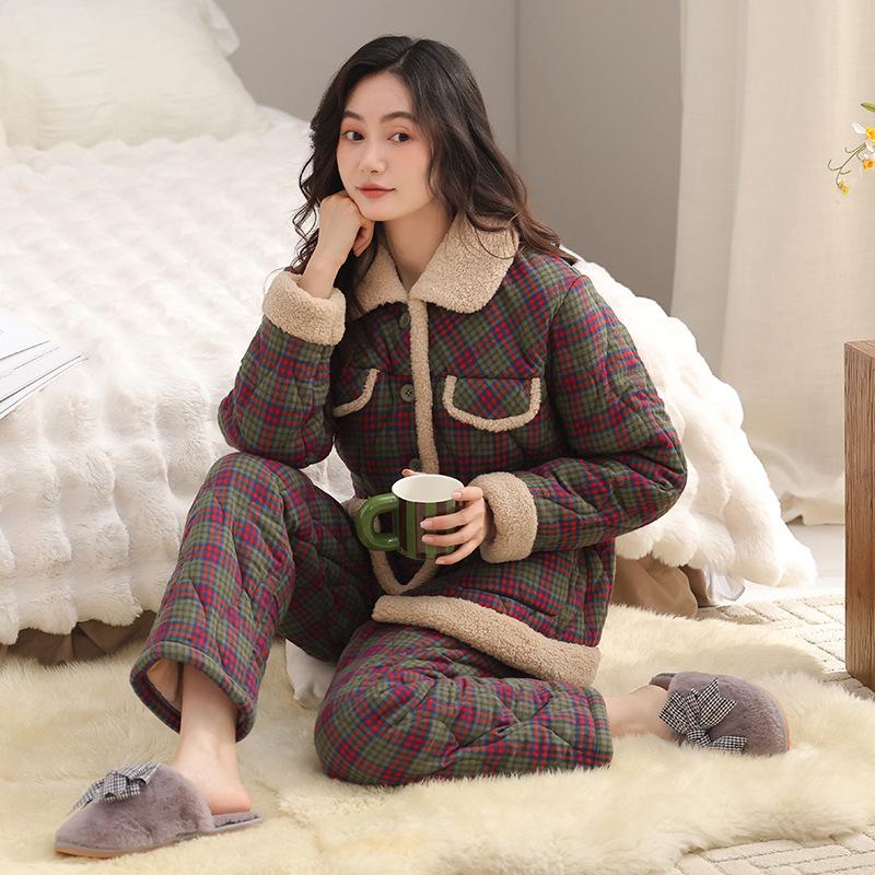 Пижама женская зимняя трехслойная тканая из чистого хлопка с подкладкой, утолщенная стеганая куртка, домашняя одежда, теплый и бархатистый костюм для мамы среднего возраста