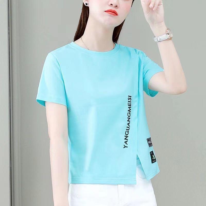 Woman's Tshirts Summer Split Hem Short Sleeve Letters O Neck Korean Style Casual Woman Top Tee Shirt