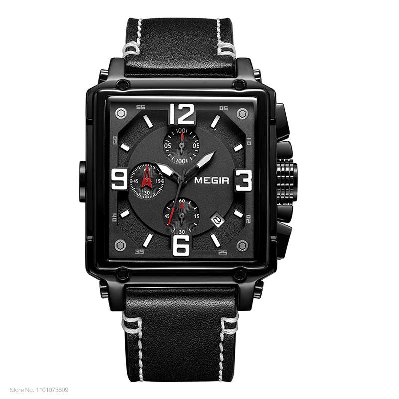 Megir Leather Strap Army Chronograph Quartz Wrist Watches Men Square Sports Stop Watch Man Clock Relogios Masculino 2061 Rose