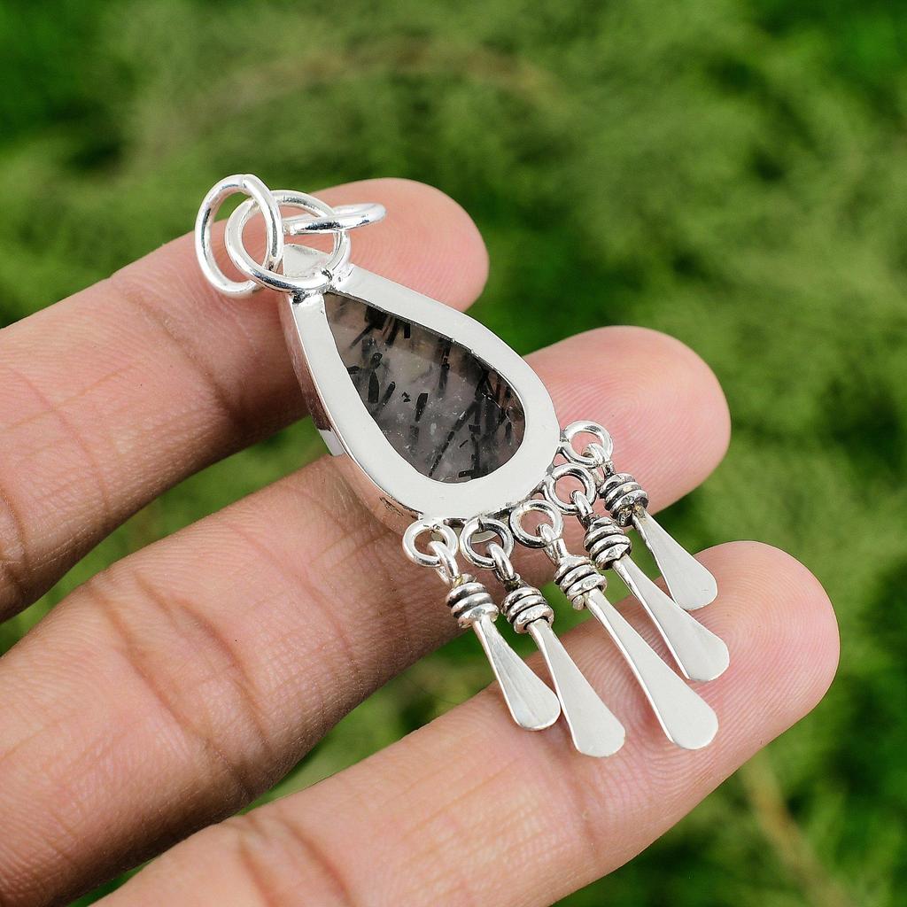 Pear Natural Black Rutilated Quartz Sister Pendant Jewelry 925 Sterling Silver