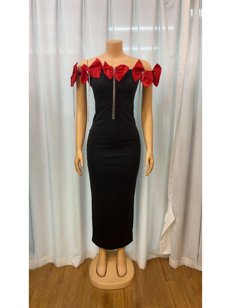 European & American One-Shoulder Rhinestone Bow Tassel Dress