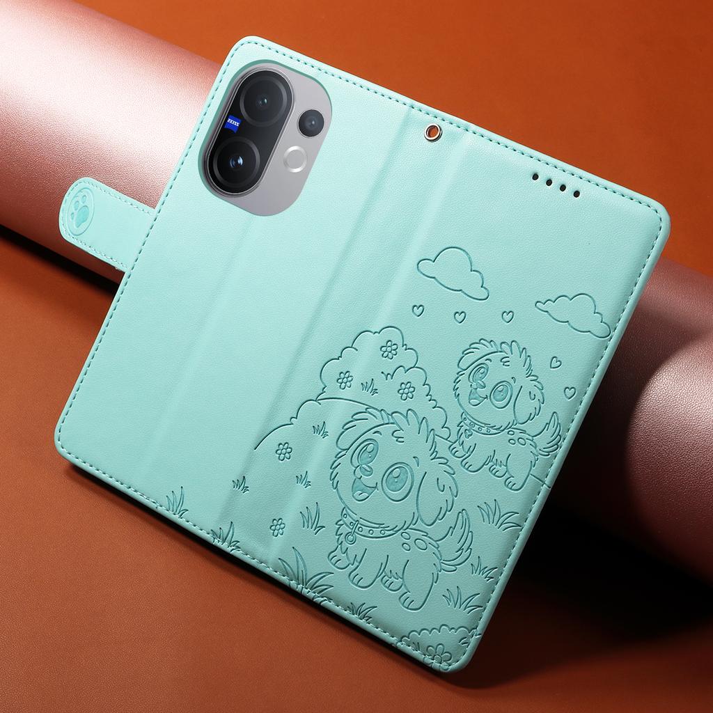 Чехол для vivo V60 5G с блокировкой RFID, с тисненым узором собаки, из ПУ кожи, чехол для телефона с ремешком на запястье