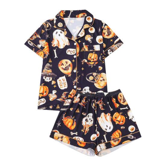 Комплект женской пижамы на Хэллоуин с принтом призрака и тыквы, рубашки с коротким рукавом на пуговицах и шорты, комплект одежды для сна из 2 предметов, домашняя одежда, короткий комплект пижамы