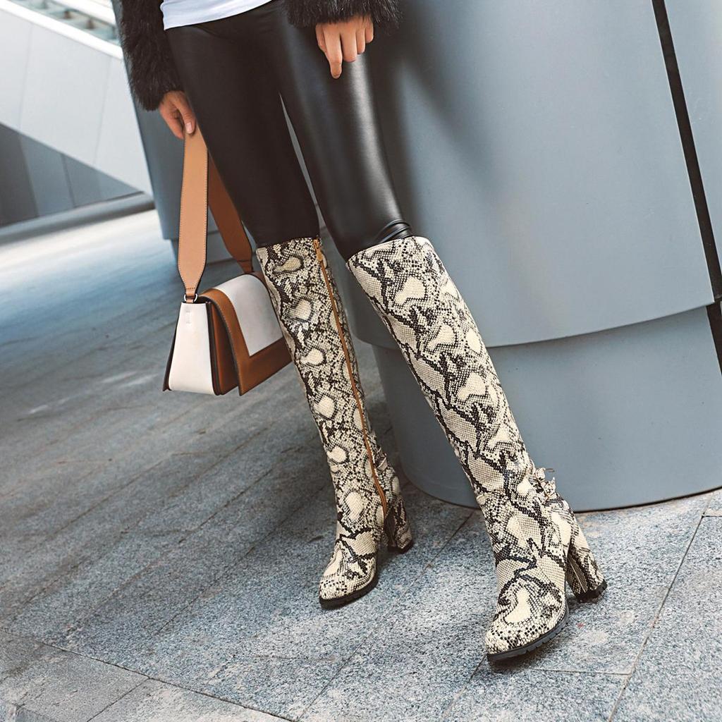 Q/Women's High Heel Boots Sexy Snake Skin Pattern Thick Heel Women's Boots Autumn and Winter New Large Size Boots