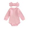 Baby Girls Fall Jumpsuit Solid Color Ribbed Long Sleeve Romper and Cute Headband Set for Toddler Infant 2 Piece Outfits