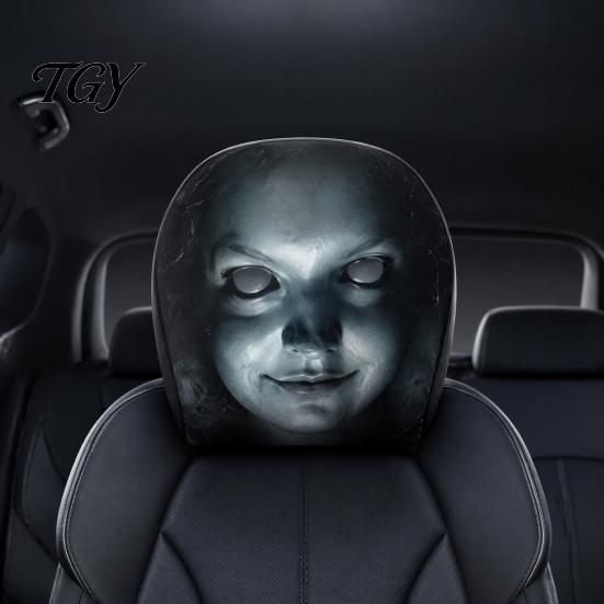 Seasonal Car Interior Decorations 2Pcs Funny Headrest Covers, Scary Faces Easy Install Auto Protector Seat Protectors, Universal Breathable